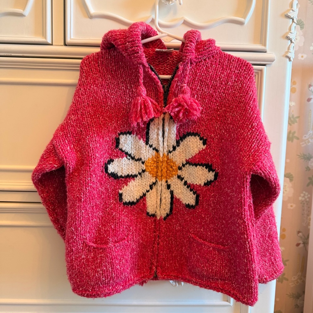 Girl’s Pink Daisy Wool Hooded Sweater